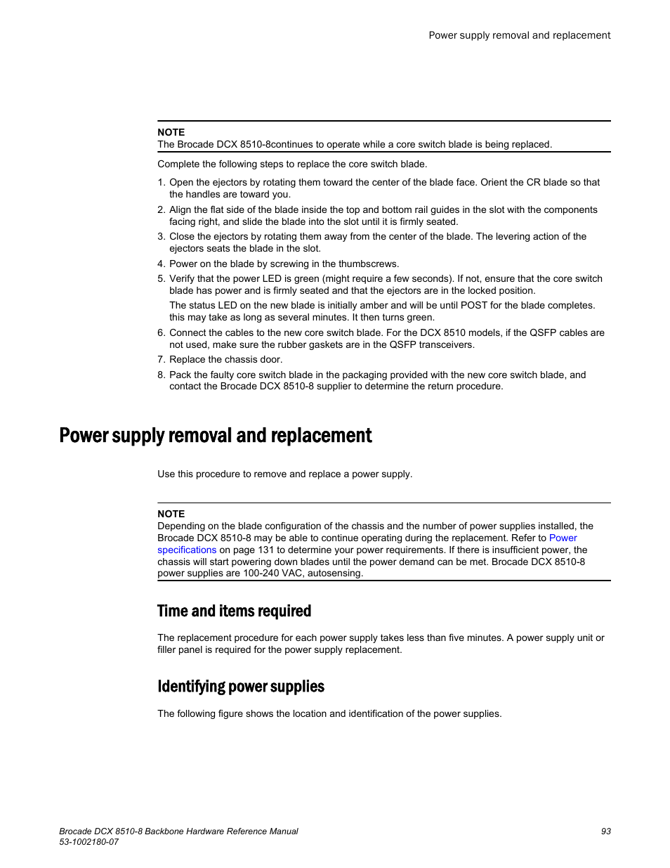 Power supply removal and replacement, Time and items required, Identifying power supplies | Time and items required identifying power supplies | Brocade DCX 8510-8 Backbone Hardware Reference Manual User Manual | Page 93 / 178