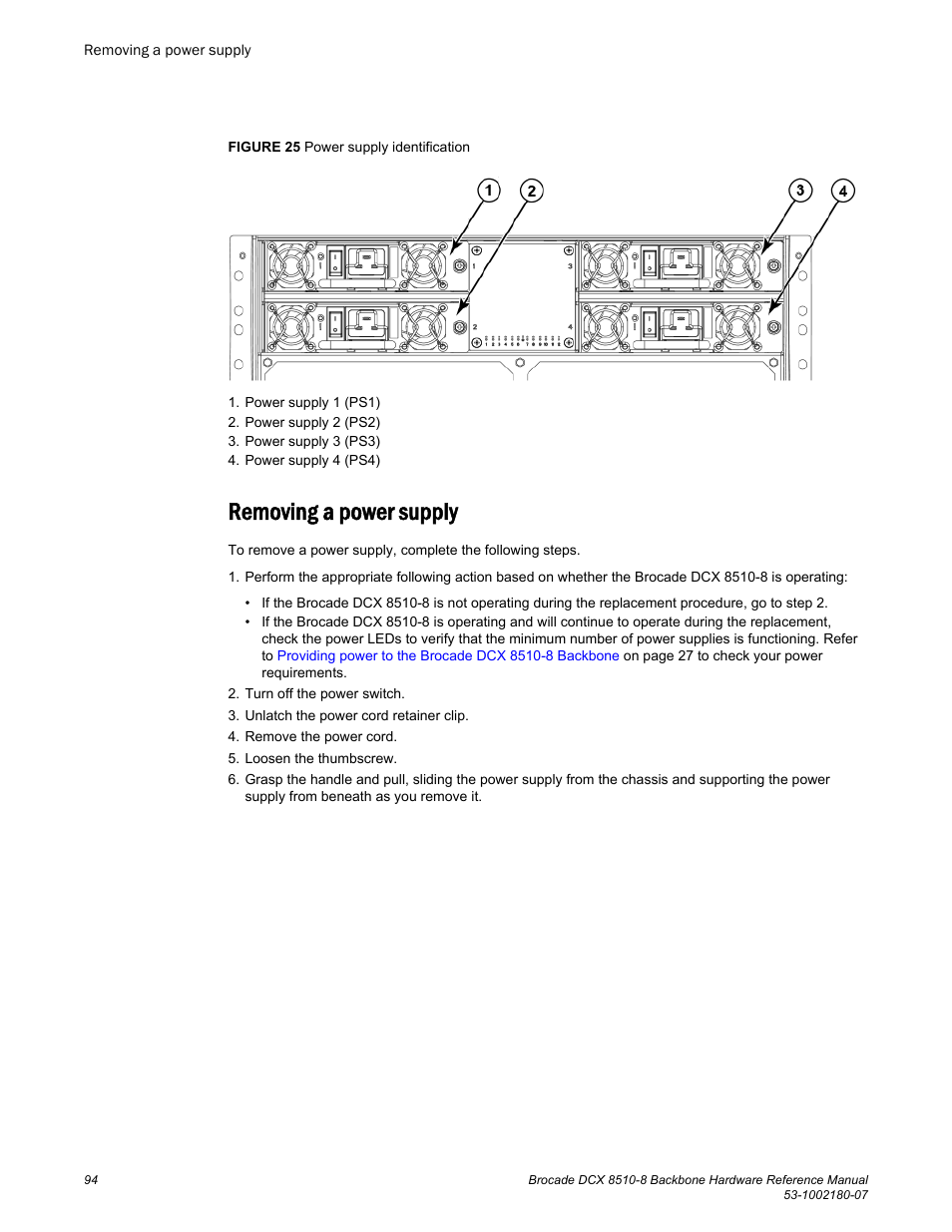 Removing a power supply | Brocade DCX 8510-8 Backbone Hardware Reference Manual User Manual | Page 94 / 178