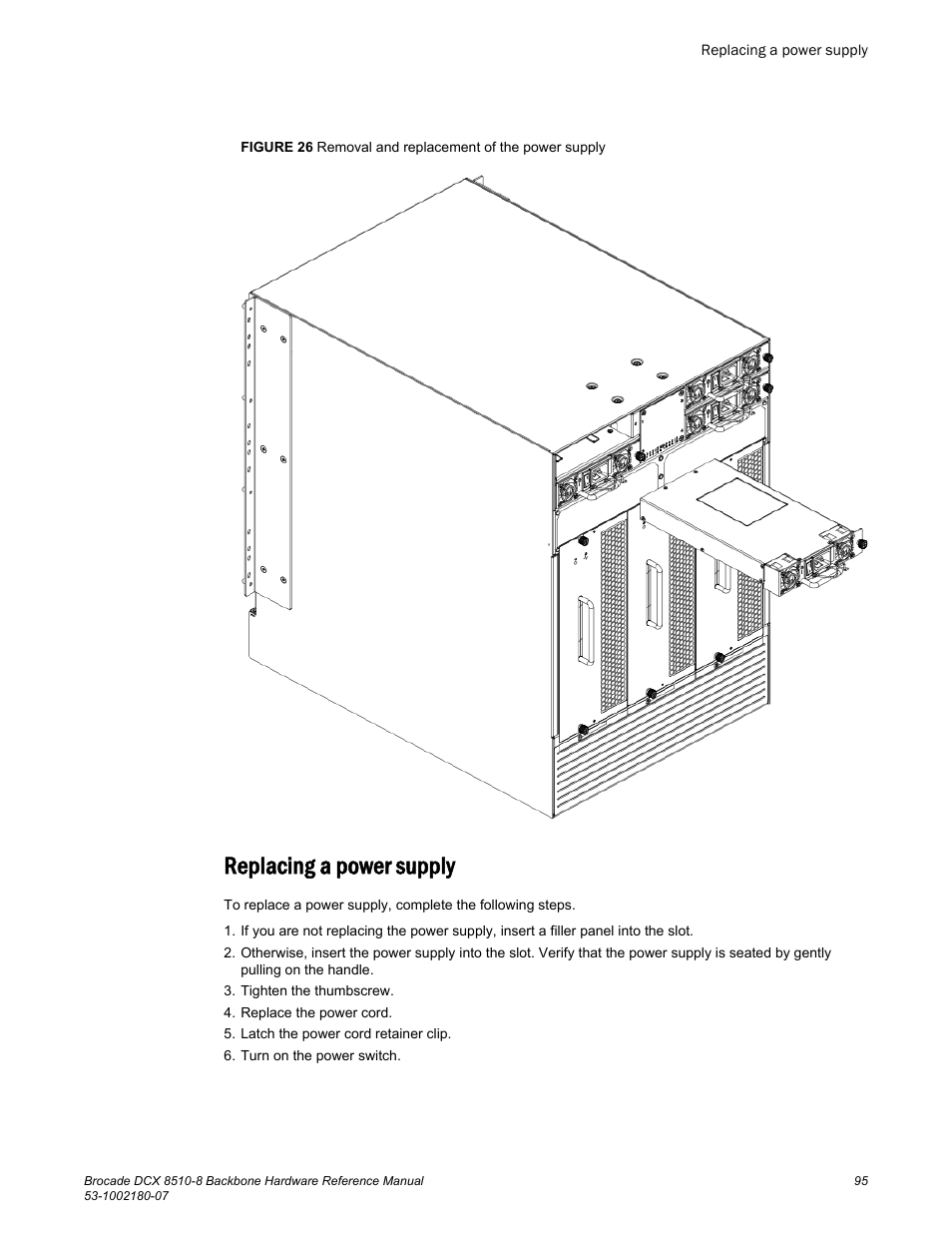 Replacing a power supply | Brocade DCX 8510-8 Backbone Hardware Reference Manual User Manual | Page 95 / 178