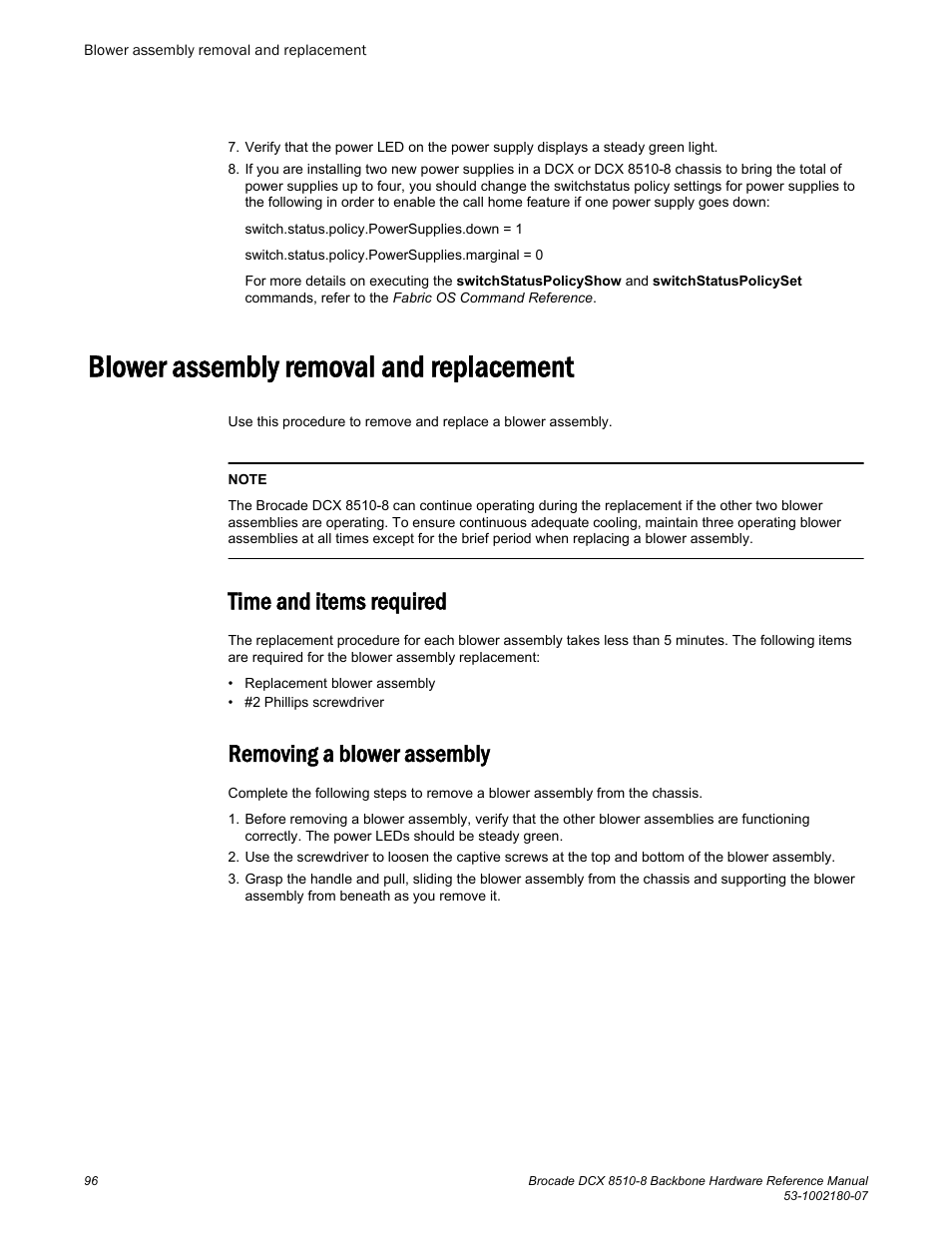 Blower assembly removal and replacement, Time and items required, Removing a blower assembly | Time and items required removing a blower assembly | Brocade DCX 8510-8 Backbone Hardware Reference Manual User Manual | Page 96 / 178