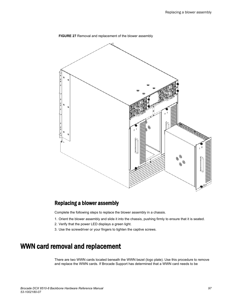 Replacing a blower assembly, Wwn card removal and replacement | Brocade DCX 8510-8 Backbone Hardware Reference Manual User Manual | Page 97 / 178