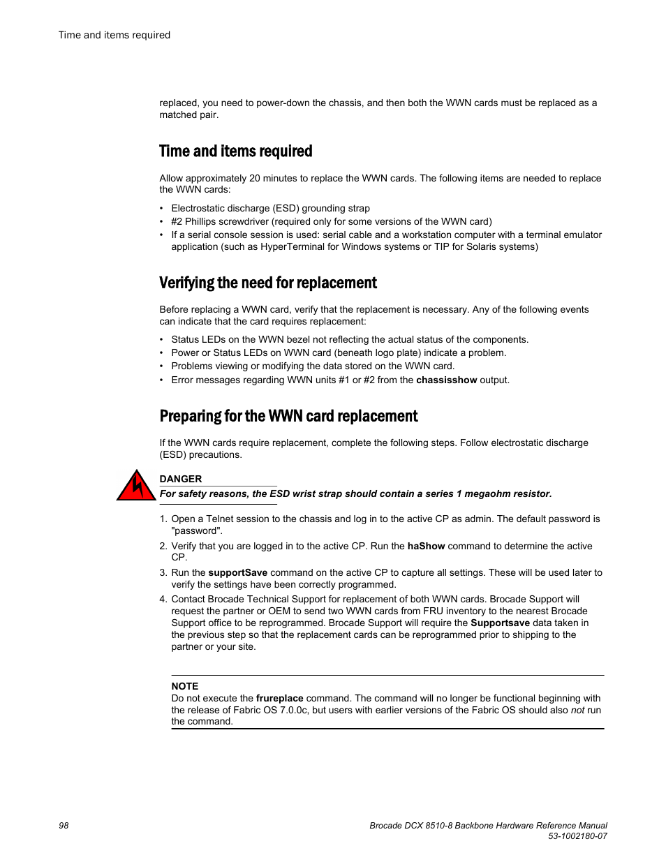 Time and items required, Verifying the need for replacement, Preparing for the wwn card replacement | Brocade DCX 8510-8 Backbone Hardware Reference Manual User Manual | Page 98 / 178