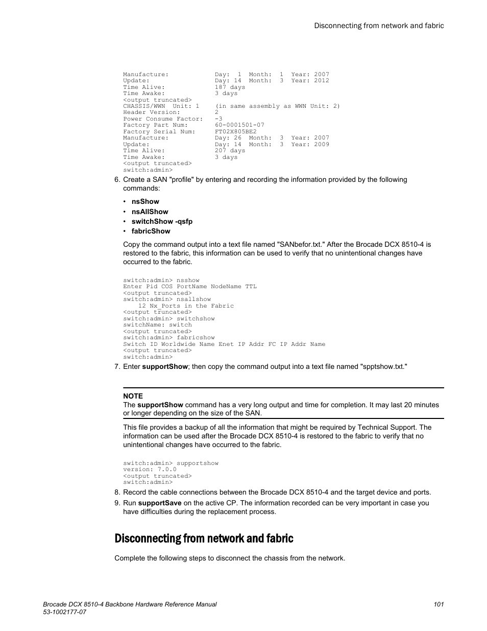 Disconnecting from network and fabric | Brocade DCX 8510-4 Backbone Hardware Reference Manual User Manual | Page 101 / 156