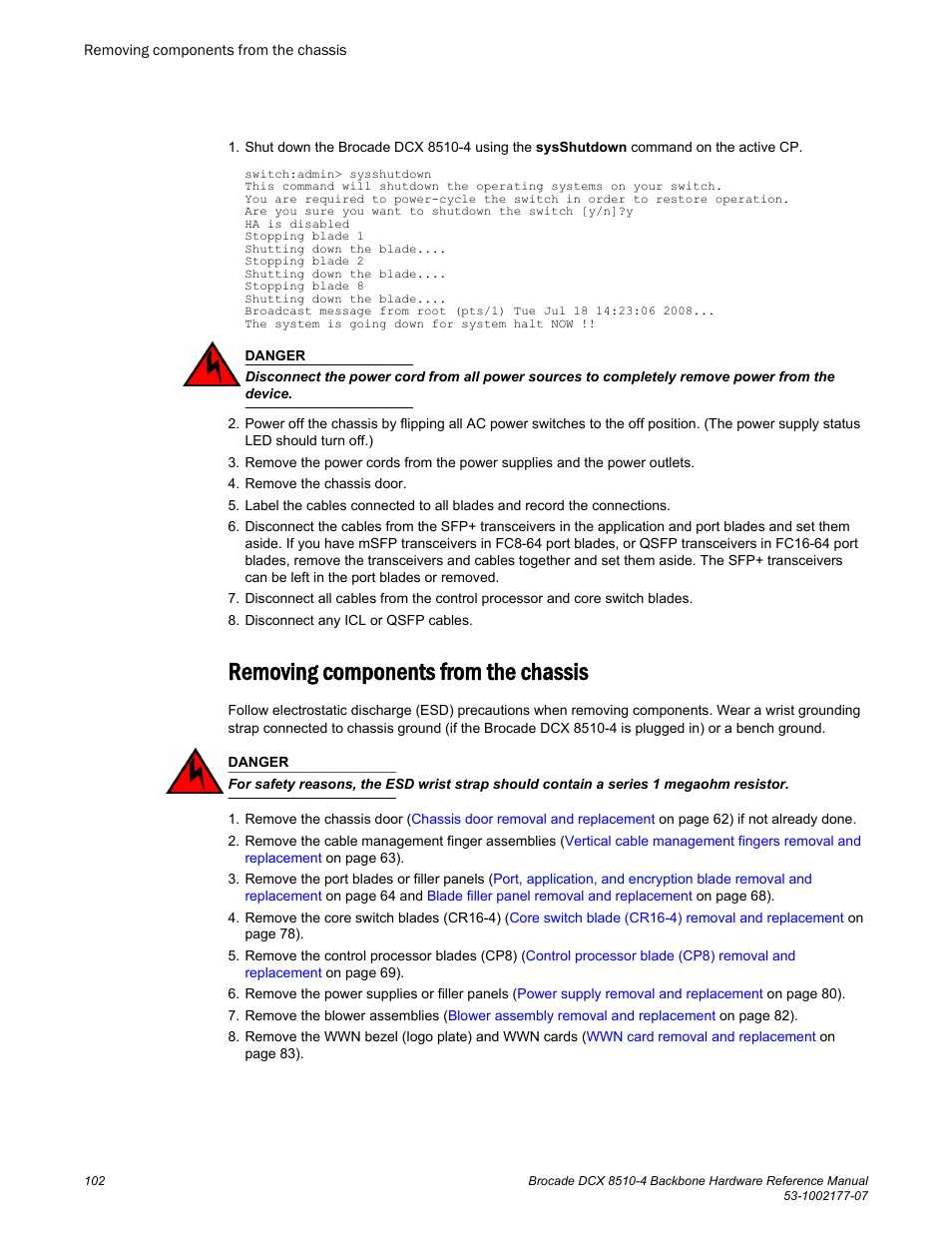Removing components from the chassis | Brocade DCX 8510-4 Backbone Hardware Reference Manual User Manual | Page 102 / 156