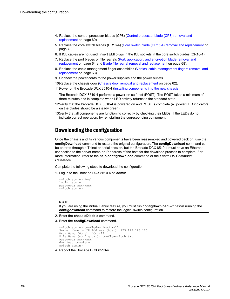 Downloading the configuration | Brocade DCX 8510-4 Backbone Hardware Reference Manual User Manual | Page 104 / 156