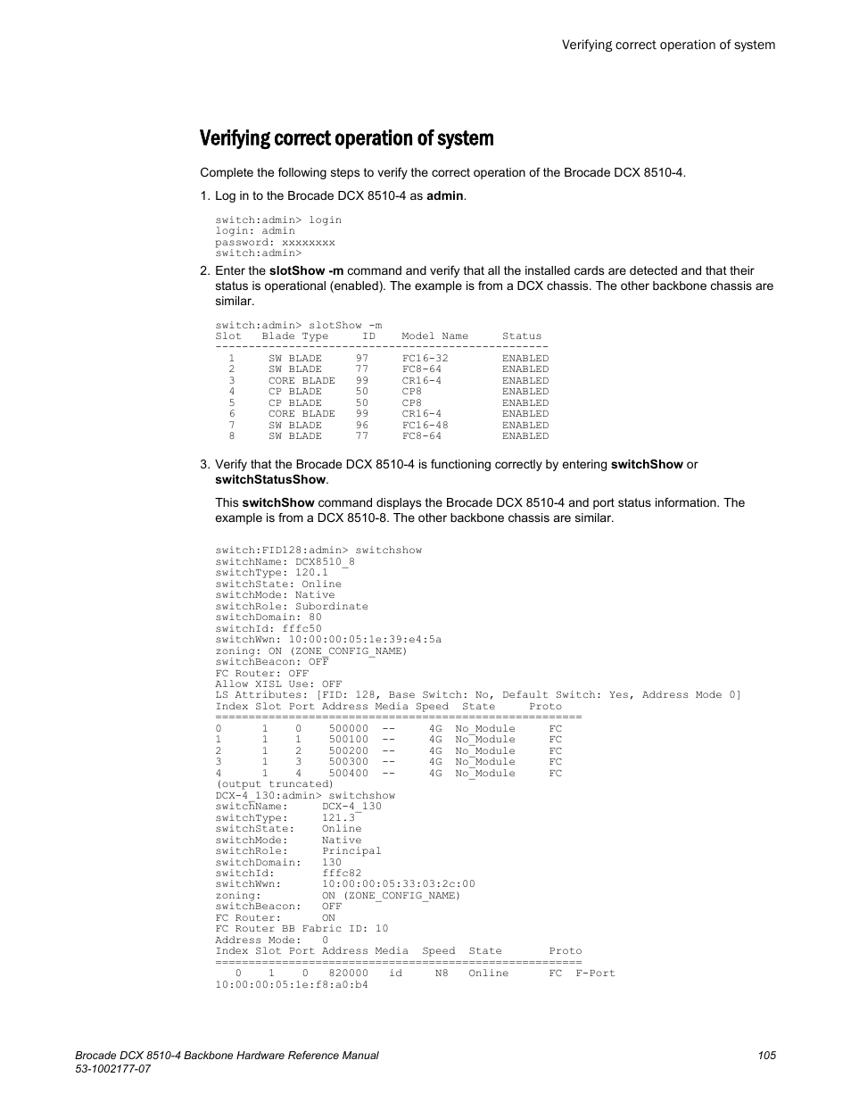 Verifying correct operation of system | Brocade DCX 8510-4 Backbone Hardware Reference Manual User Manual | Page 105 / 156