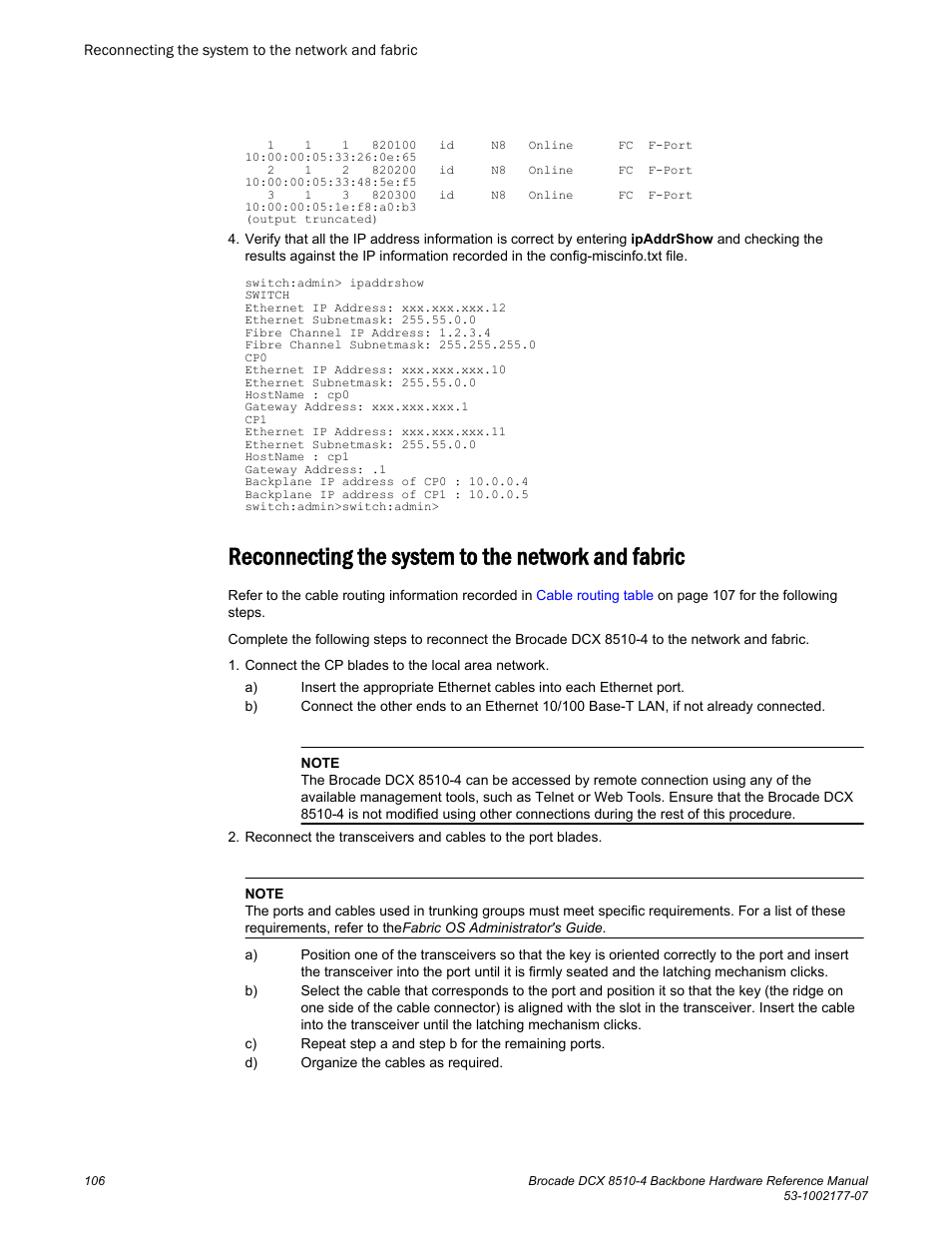 Reconnecting the system to the network and fabric | Brocade DCX 8510-4 Backbone Hardware Reference Manual User Manual | Page 106 / 156