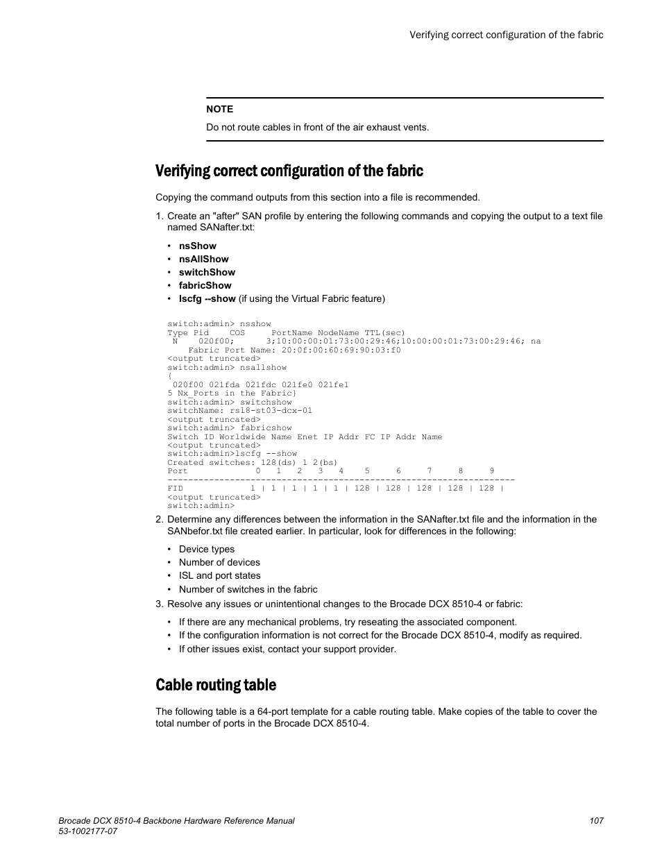 Verifying correct configuration of the fabric, Cable routing table | Brocade DCX 8510-4 Backbone Hardware Reference Manual User Manual | Page 107 / 156