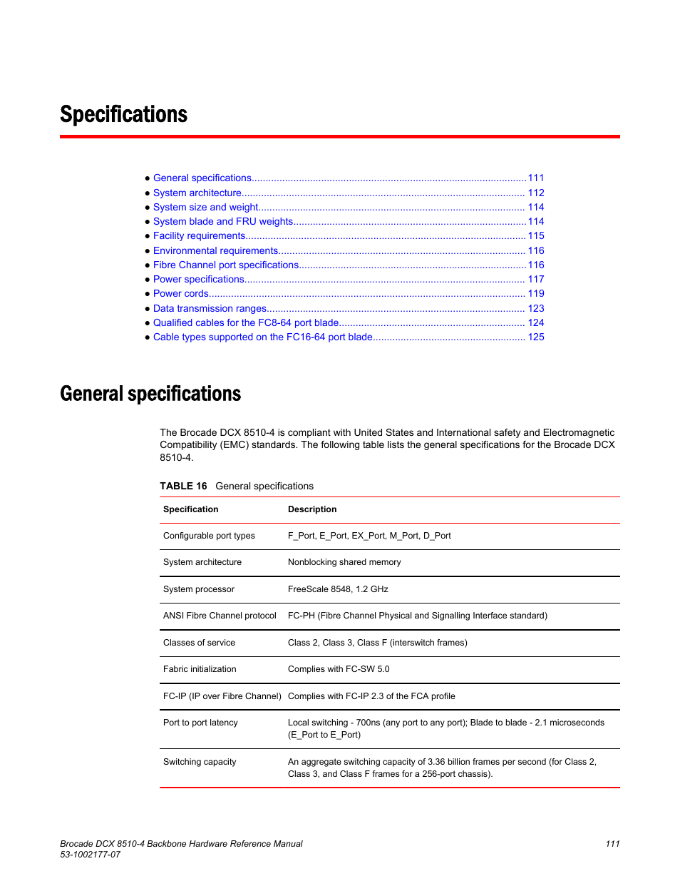 Specifications, General specifications | Brocade DCX 8510-4 Backbone Hardware Reference Manual User Manual | Page 111 / 156