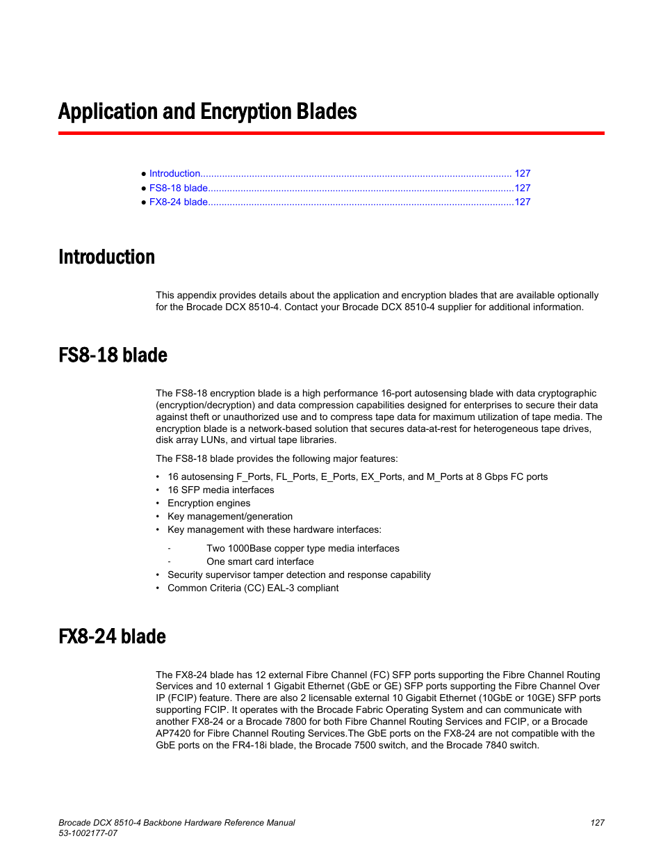 Application and encryption blades, Introduction, Fs8-18 blade | Fx8-24 blade, Introduction fs8-18 blade fx8-24 blade | Brocade DCX 8510-4 Backbone Hardware Reference Manual User Manual | Page 127 / 156