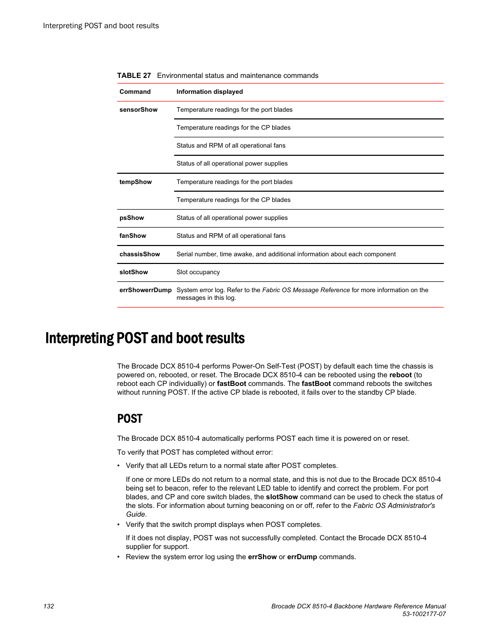 Interpreting post and boot results, Post, Interpreting post and boot | Results | Brocade DCX 8510-4 Backbone Hardware Reference Manual User Manual | Page 132 / 156