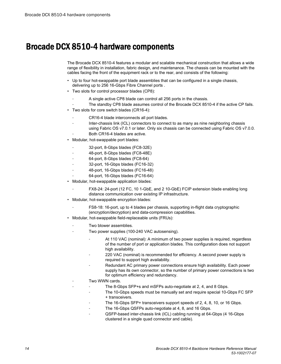 Brocade dcx 8510-4 hardware components | Brocade DCX 8510-4 Backbone Hardware Reference Manual User Manual | Page 14 / 156