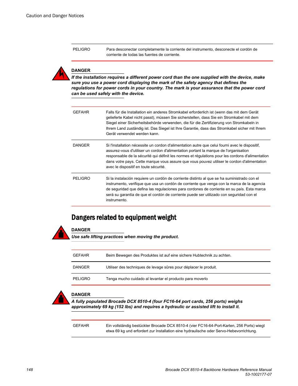 Dangers related to equipment weight | Brocade DCX 8510-4 Backbone Hardware Reference Manual User Manual | Page 148 / 156