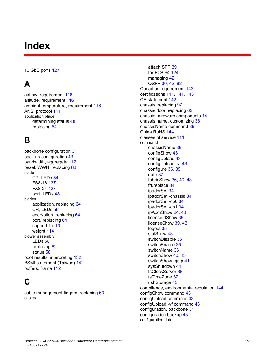 Index | Brocade DCX 8510-4 Backbone Hardware Reference Manual User Manual | Page 151 / 156