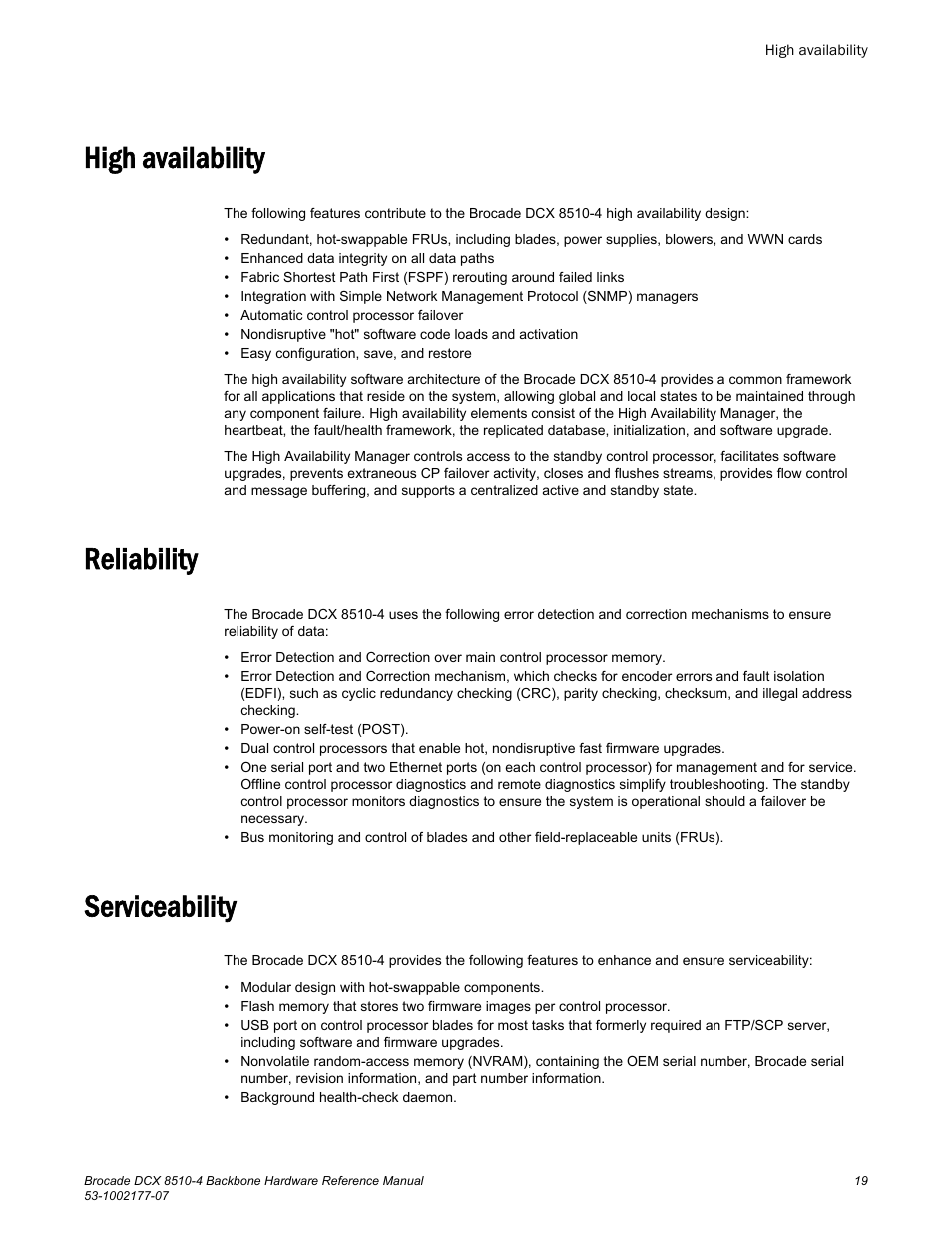 High availability, Reliability, Serviceability | High availability reliability serviceability | Brocade DCX 8510-4 Backbone Hardware Reference Manual User Manual | Page 19 / 156