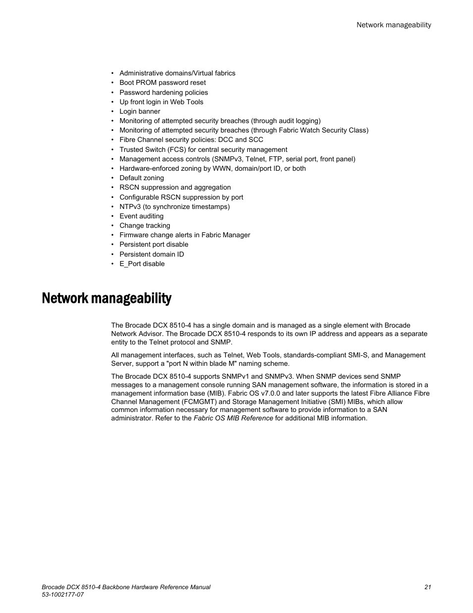 Network manageability | Brocade DCX 8510-4 Backbone Hardware Reference Manual User Manual | Page 21 / 156
