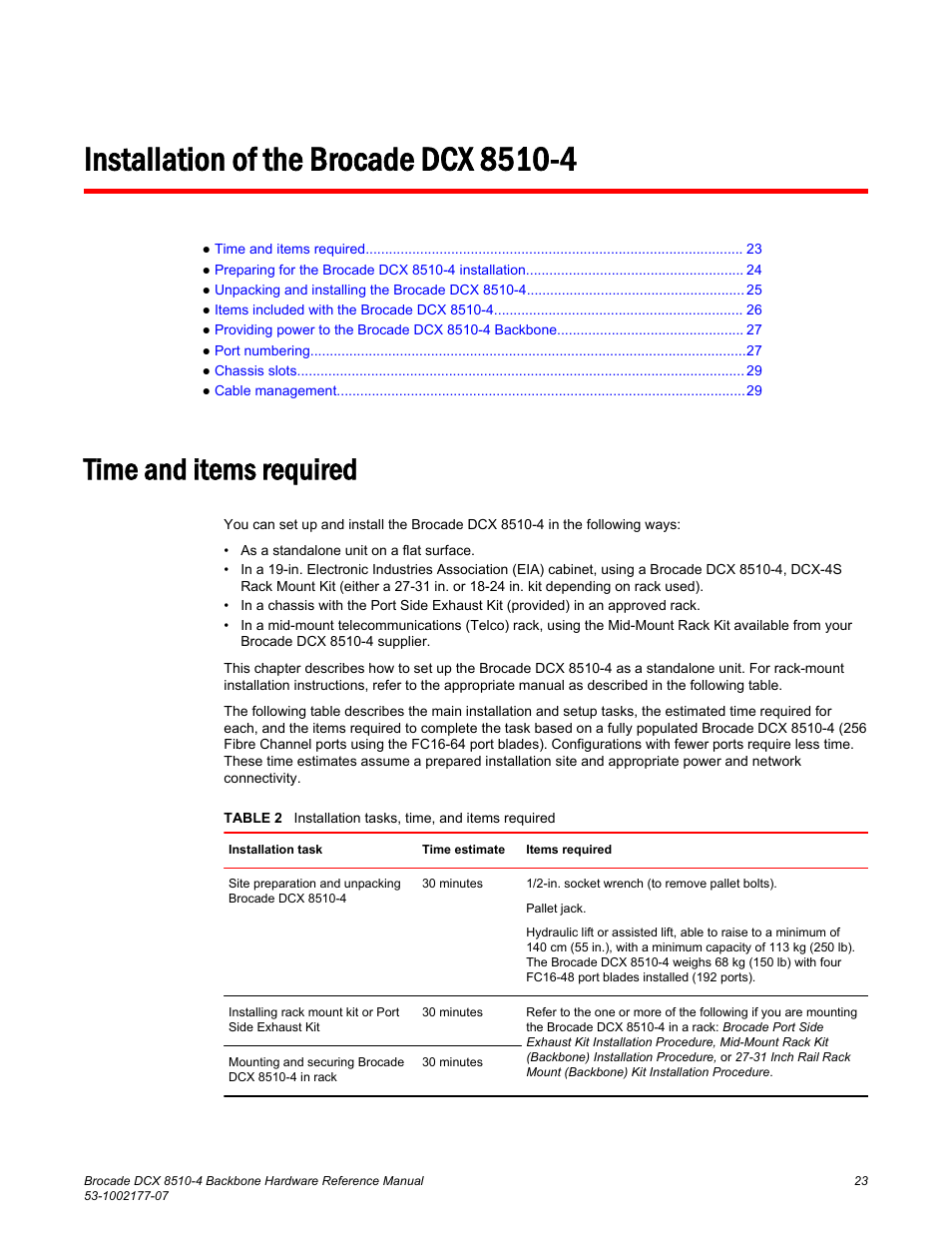 Installation of the brocade dcx 8510-4, Time and items required | Brocade DCX 8510-4 Backbone Hardware Reference Manual User Manual | Page 23 / 156