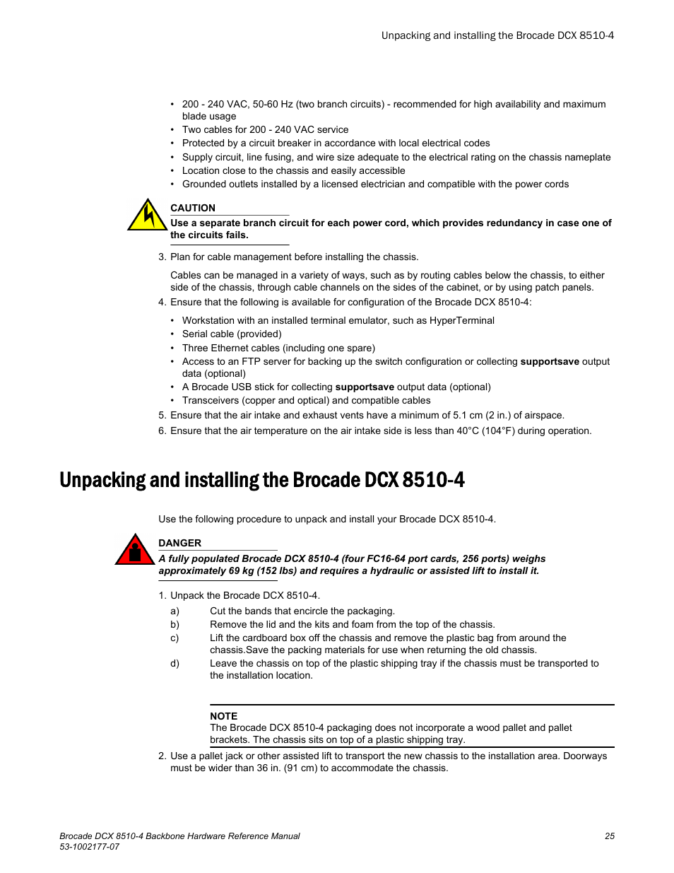Unpacking and installing the brocade dcx 8510-4 | Brocade DCX 8510-4 Backbone Hardware Reference Manual User Manual | Page 25 / 156