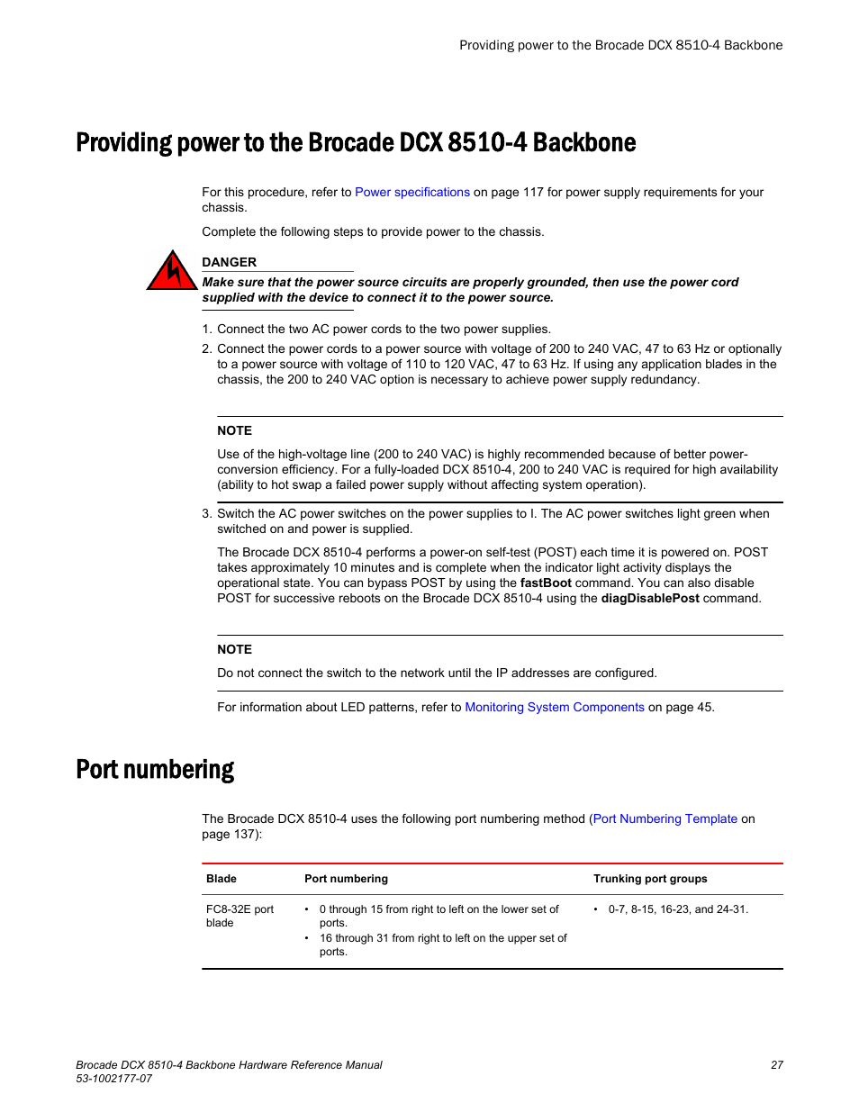 Providing power to the brocade dcx 8510-4 backbone, Port numbering | Brocade DCX 8510-4 Backbone Hardware Reference Manual User Manual | Page 27 / 156