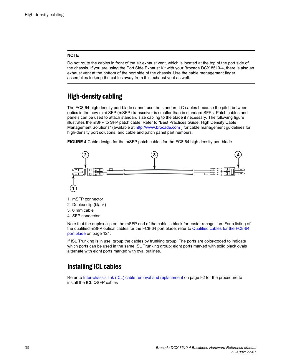High-density cabling, Installing icl cables, High-density cabling installing icl cables | Brocade DCX 8510-4 Backbone Hardware Reference Manual User Manual | Page 30 / 156