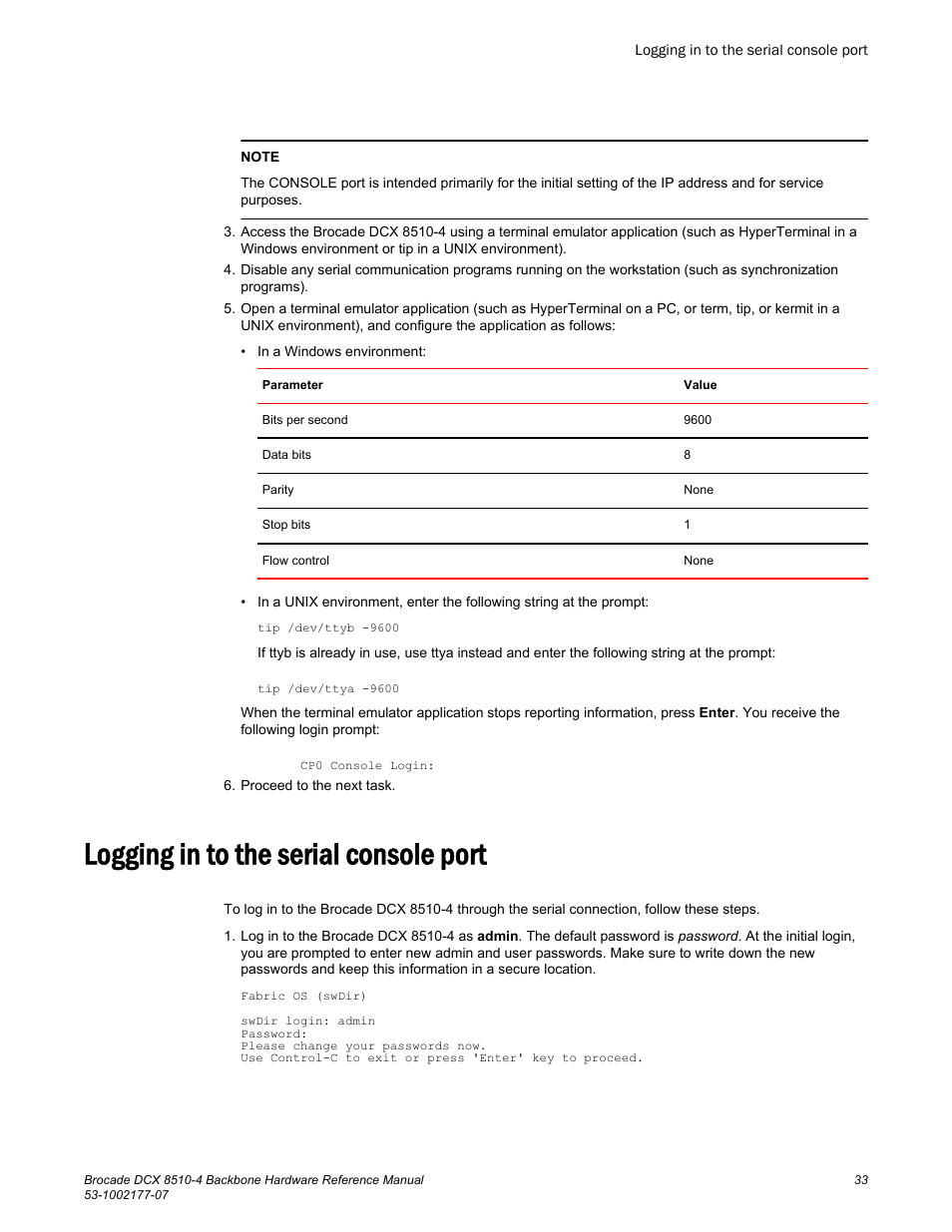 Logging in to the serial console port | Brocade DCX 8510-4 Backbone Hardware Reference Manual User Manual | Page 33 / 156
