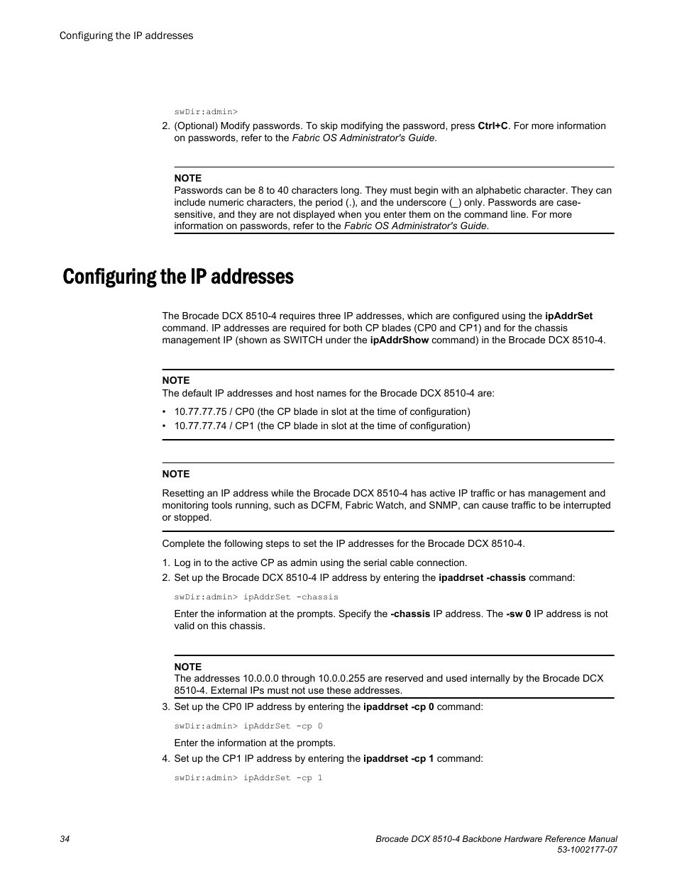Configuring the ip addresses | Brocade DCX 8510-4 Backbone Hardware Reference Manual User Manual | Page 34 / 156
