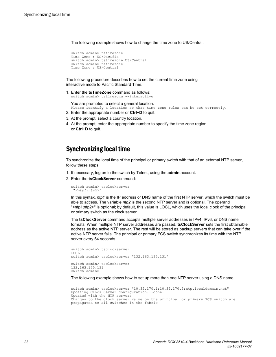 Synchronizing local time | Brocade DCX 8510-4 Backbone Hardware Reference Manual User Manual | Page 38 / 156