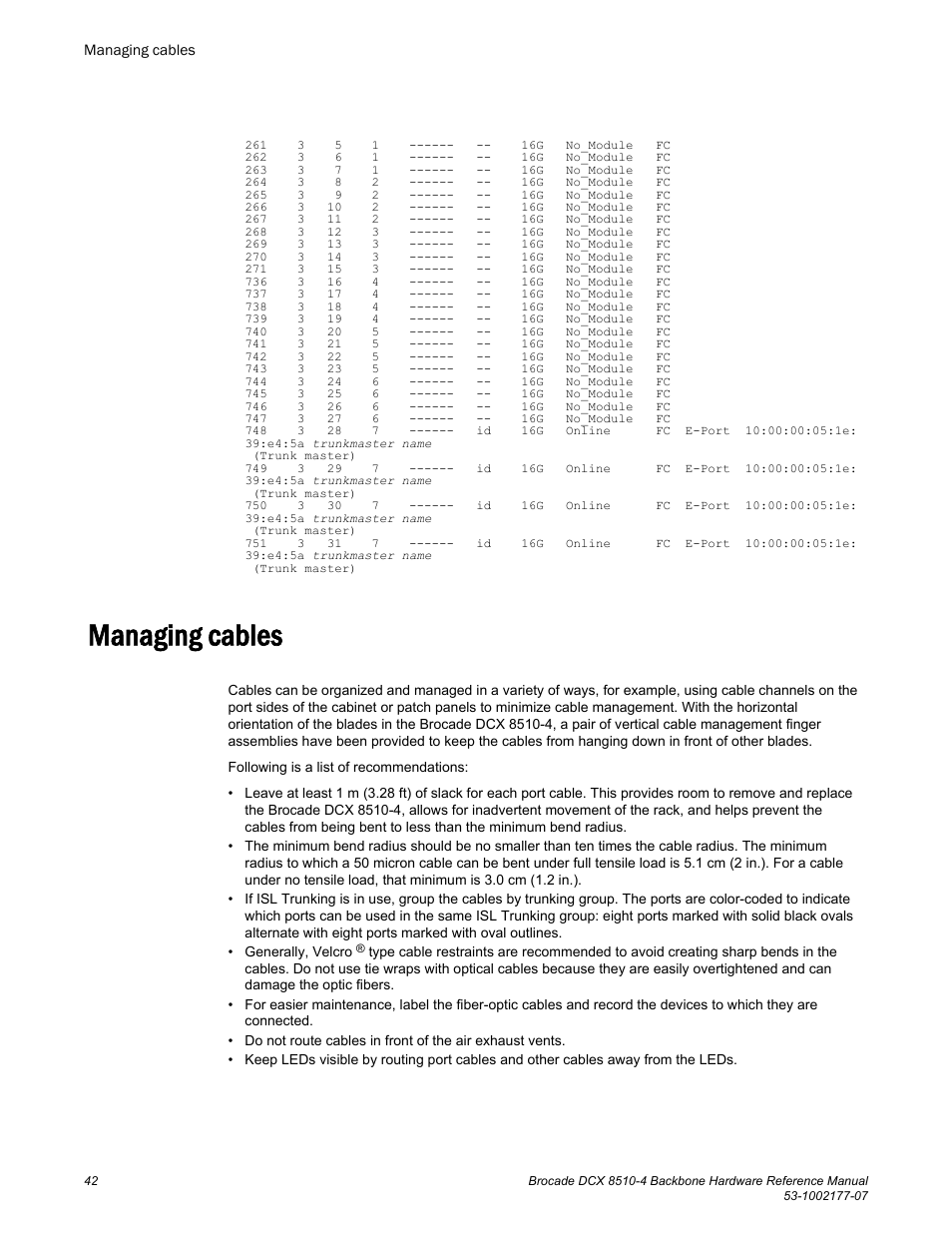 Managing cables, Managing, Cables | Brocade DCX 8510-4 Backbone Hardware Reference Manual User Manual | Page 42 / 156