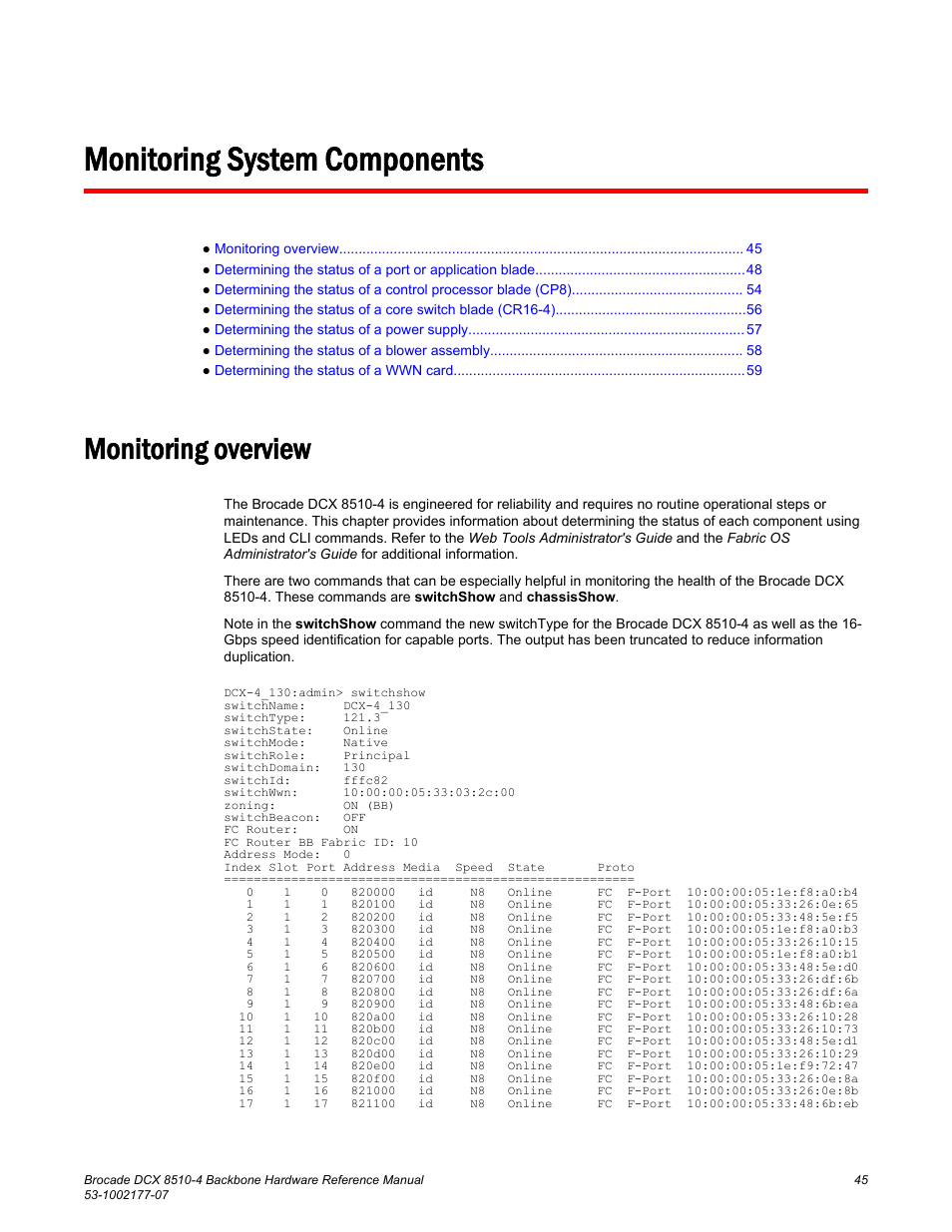 Monitoring system components, Monitoring overview | Brocade DCX 8510-4 Backbone Hardware Reference Manual User Manual | Page 45 / 156