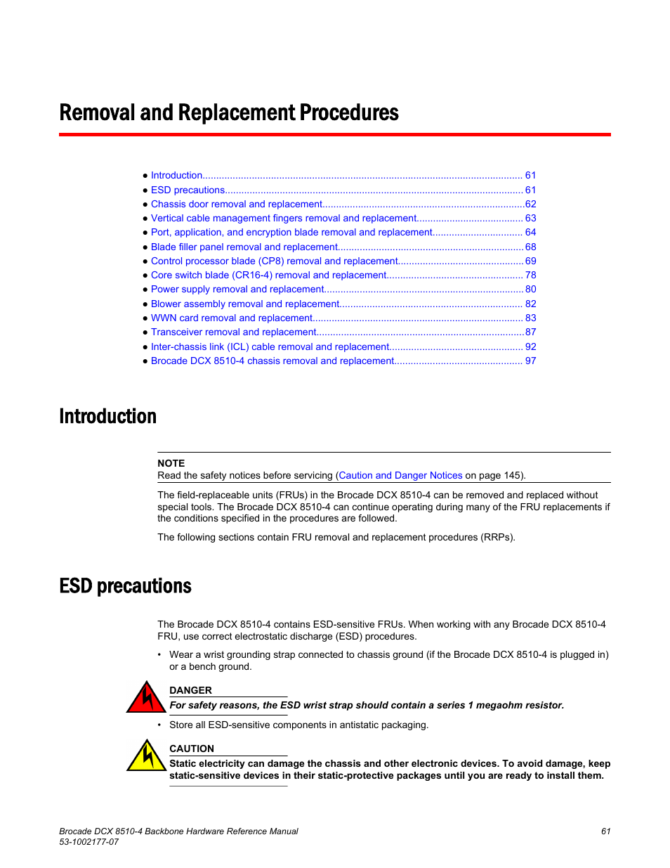 Removal and replacement procedures, Introduction, Esd precautions | Introduction esd precautions | Brocade DCX 8510-4 Backbone Hardware Reference Manual User Manual | Page 61 / 156
