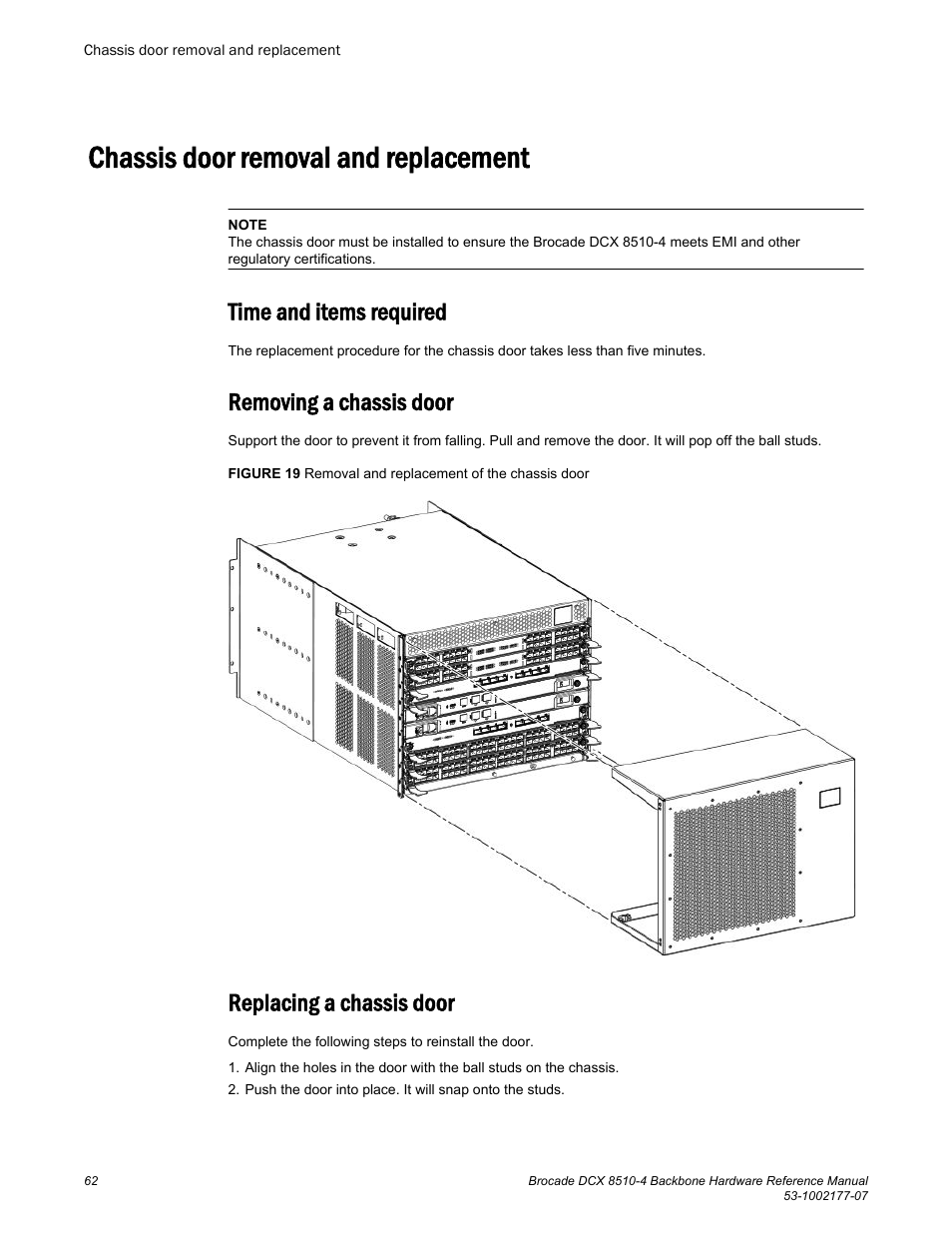 Chassis door removal and replacement, Time and items required, Removing a chassis door | Replacing a chassis door | Brocade DCX 8510-4 Backbone Hardware Reference Manual User Manual | Page 62 / 156