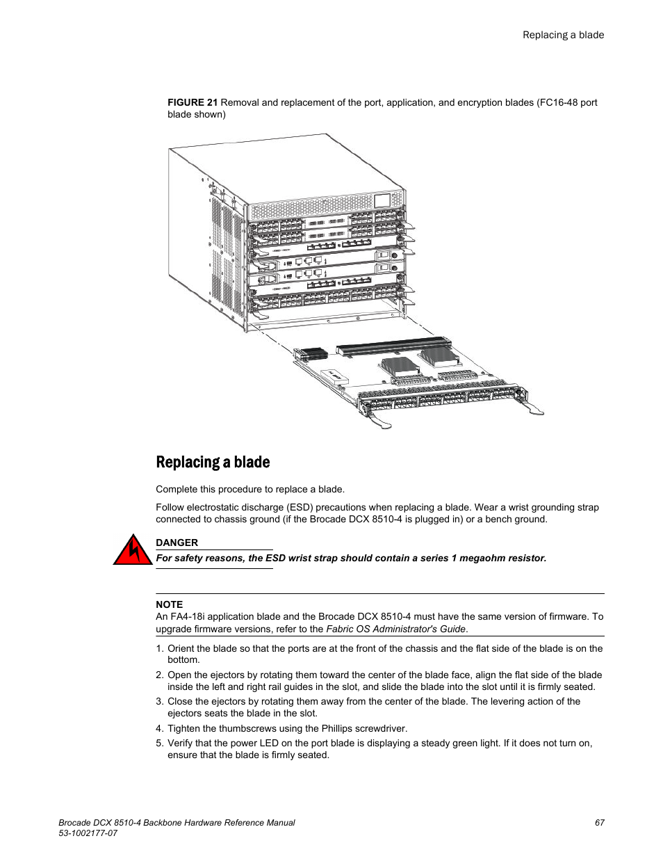 Replacing a blade | Brocade DCX 8510-4 Backbone Hardware Reference Manual User Manual | Page 67 / 156