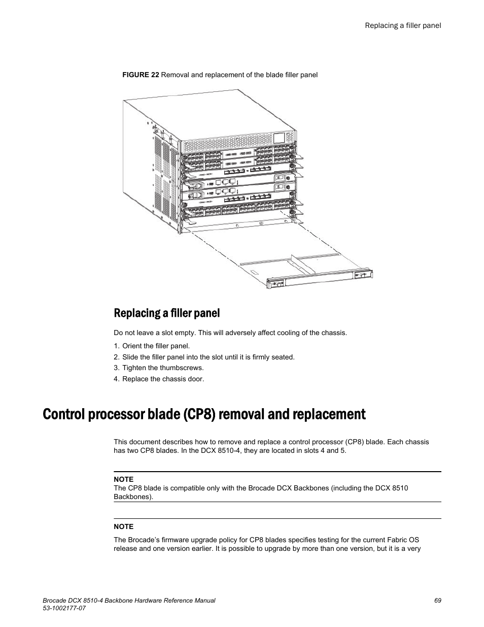 Replacing a filler panel | Brocade DCX 8510-4 Backbone Hardware Reference Manual User Manual | Page 69 / 156