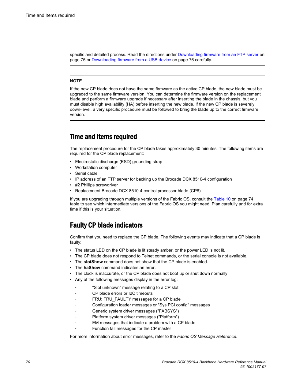 Time and items required, Faulty cp blade indicators, Time and items required faulty cp blade indicators | Brocade DCX 8510-4 Backbone Hardware Reference Manual User Manual | Page 70 / 156
