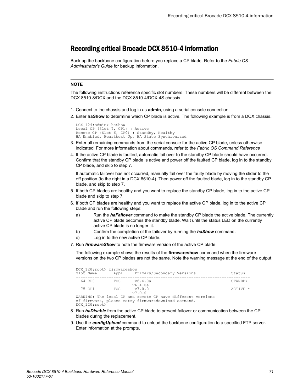 Recording critical brocade dcx 8510-4 information | Brocade DCX 8510-4 Backbone Hardware Reference Manual User Manual | Page 71 / 156