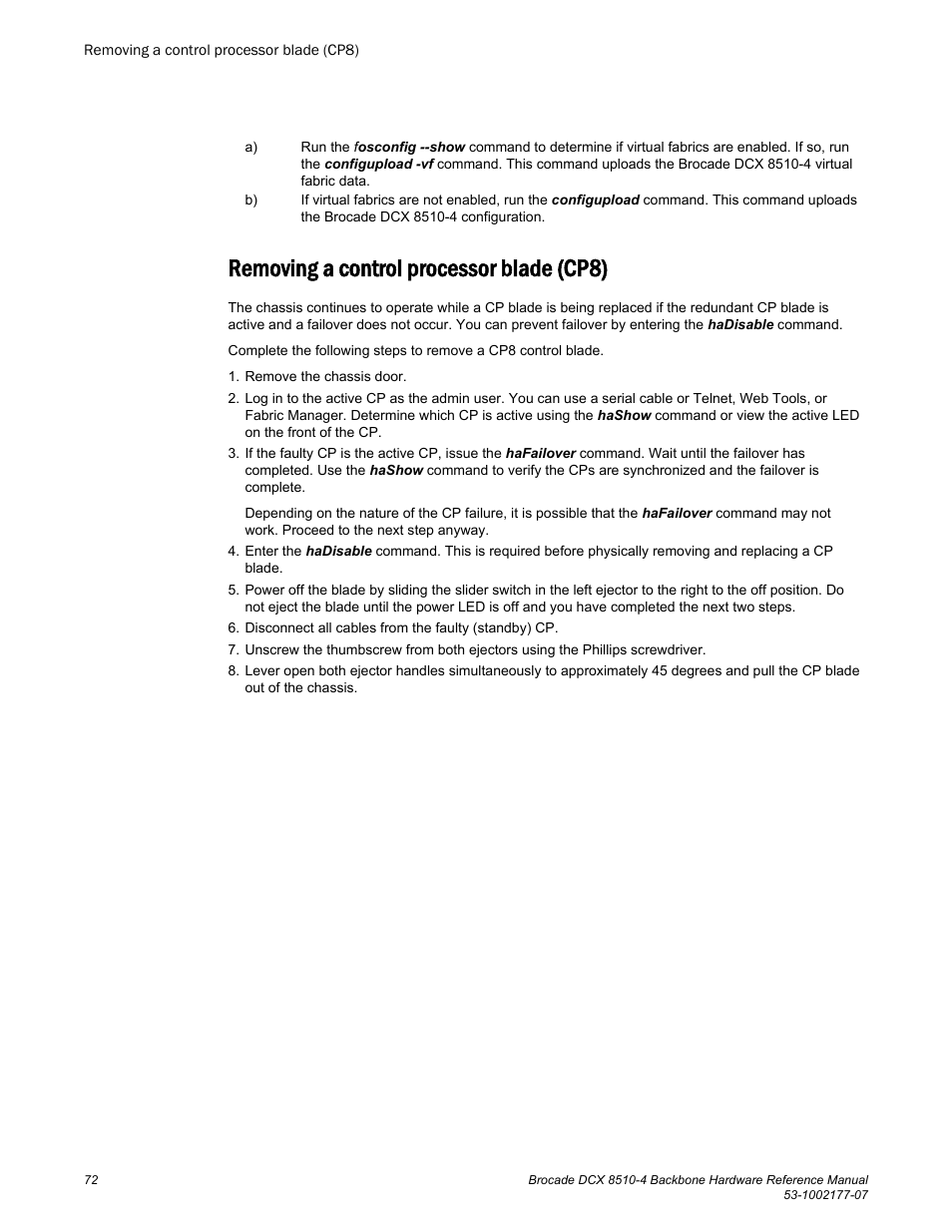 Removing a control processor blade (cp8) | Brocade DCX 8510-4 Backbone Hardware Reference Manual User Manual | Page 72 / 156