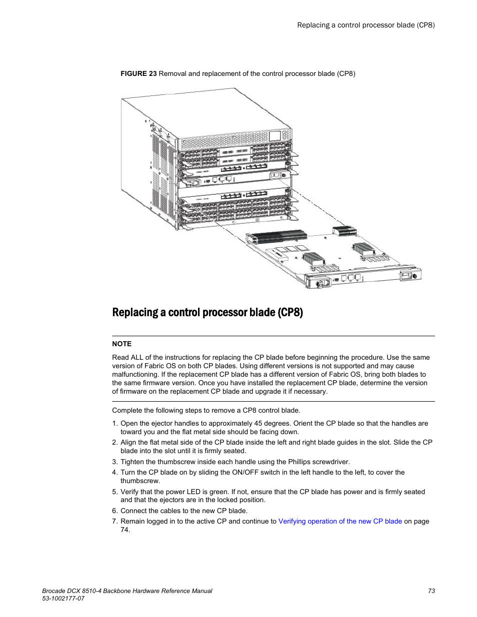 Replacing a control processor blade (cp8) | Brocade DCX 8510-4 Backbone Hardware Reference Manual User Manual | Page 73 / 156