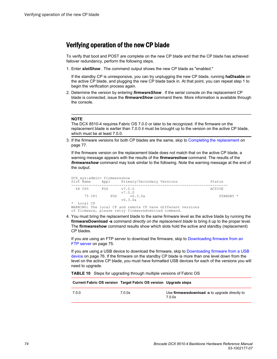 Verifying operation of the new cp blade, Table 10 | Brocade DCX 8510-4 Backbone Hardware Reference Manual User Manual | Page 74 / 156