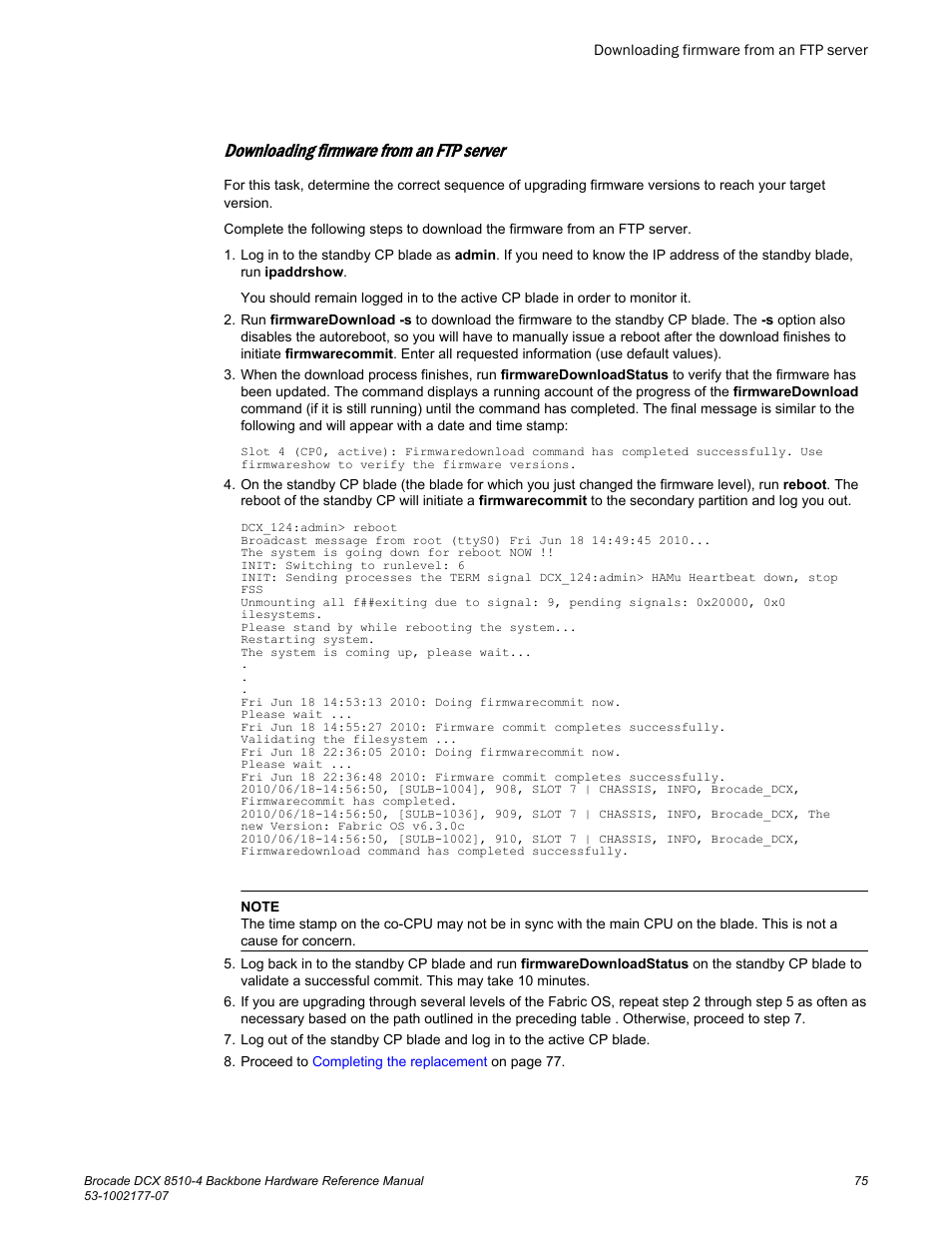 Downloading firmware from an ftp server, Downloading firmware from an, Ftp server | Brocade DCX 8510-4 Backbone Hardware Reference Manual User Manual | Page 75 / 156