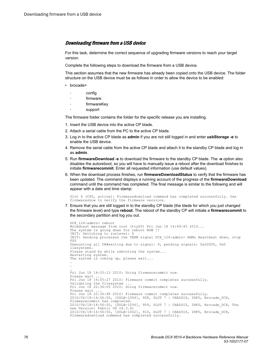 Downloading firmware from a usb device, Downloading firmware from a usb, Device | Brocade DCX 8510-4 Backbone Hardware Reference Manual User Manual | Page 76 / 156