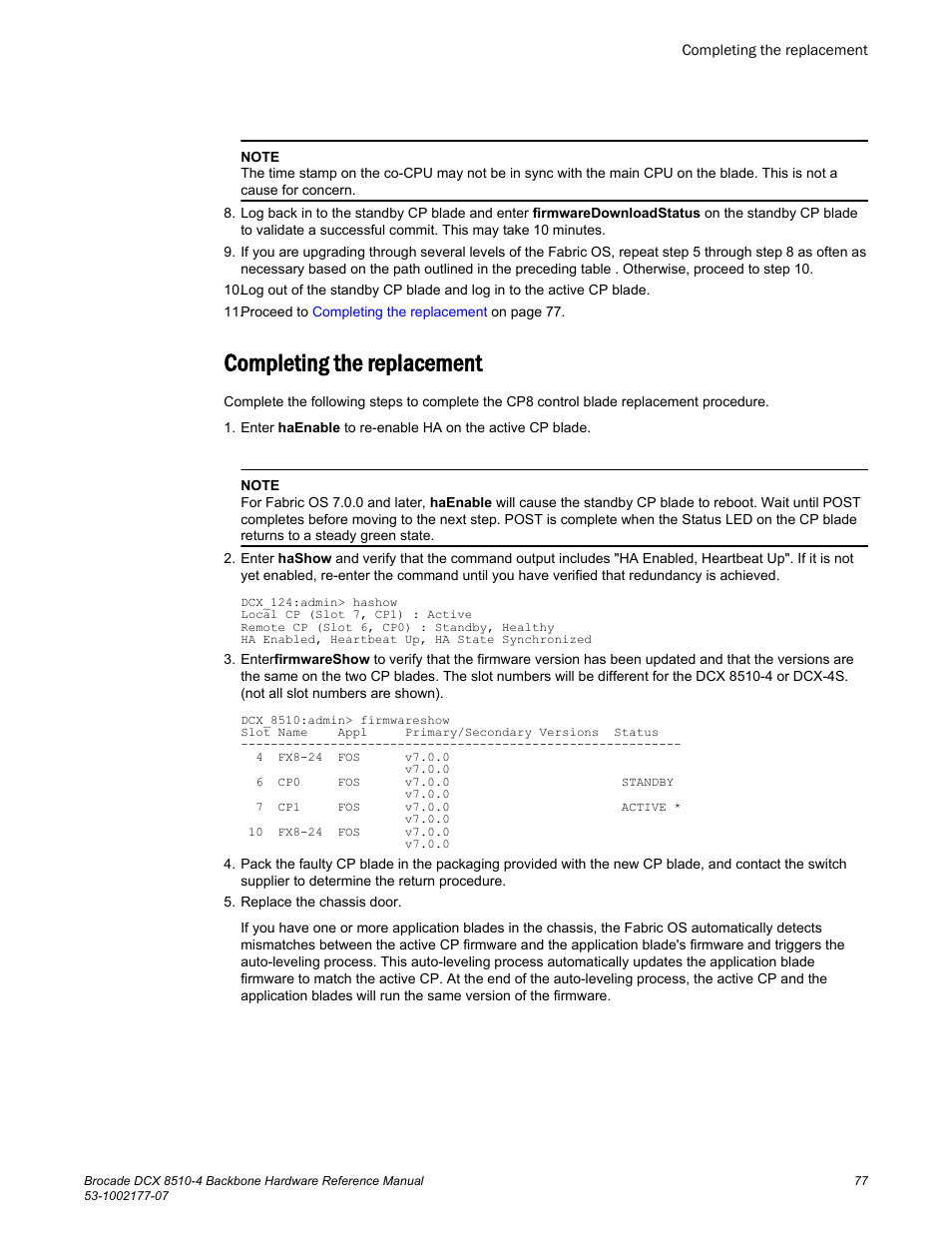 Completing the replacement | Brocade DCX 8510-4 Backbone Hardware Reference Manual User Manual | Page 77 / 156