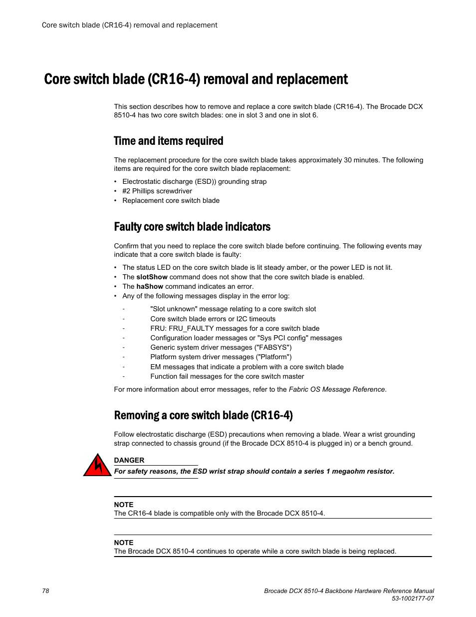 Core switch blade (cr16-4) removal and replacement, Time and items required, Faulty core switch blade indicators | Removing a core switch blade (cr16-4) | Brocade DCX 8510-4 Backbone Hardware Reference Manual User Manual | Page 78 / 156