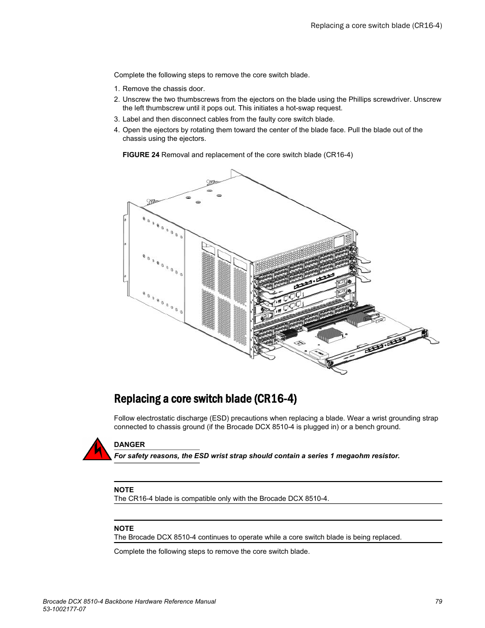 Replacing a core switch blade (cr16-4) | Brocade DCX 8510-4 Backbone Hardware Reference Manual User Manual | Page 79 / 156