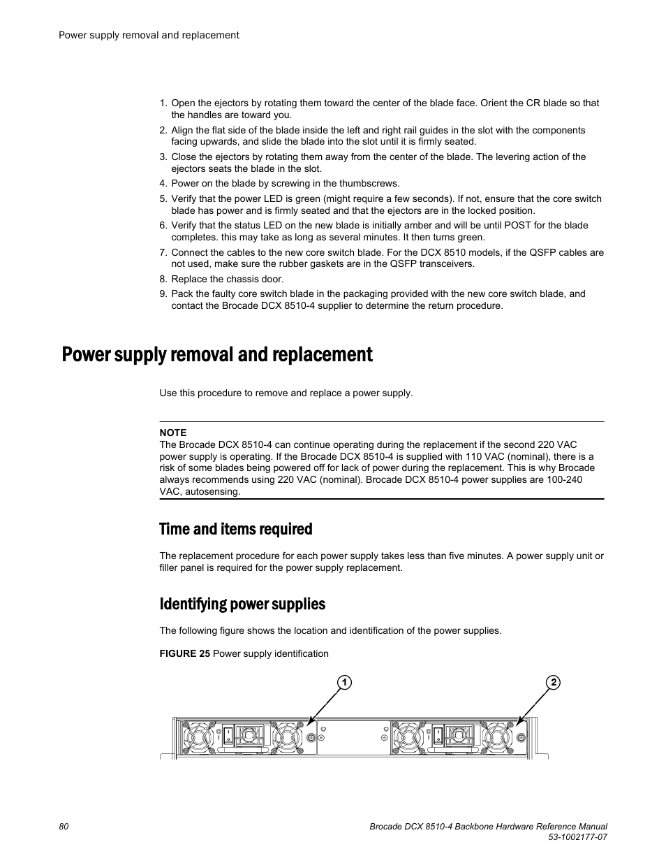 Power supply removal and replacement, Time and items required, Identifying power supplies | Time and items required identifying power supplies | Brocade DCX 8510-4 Backbone Hardware Reference Manual User Manual | Page 80 / 156