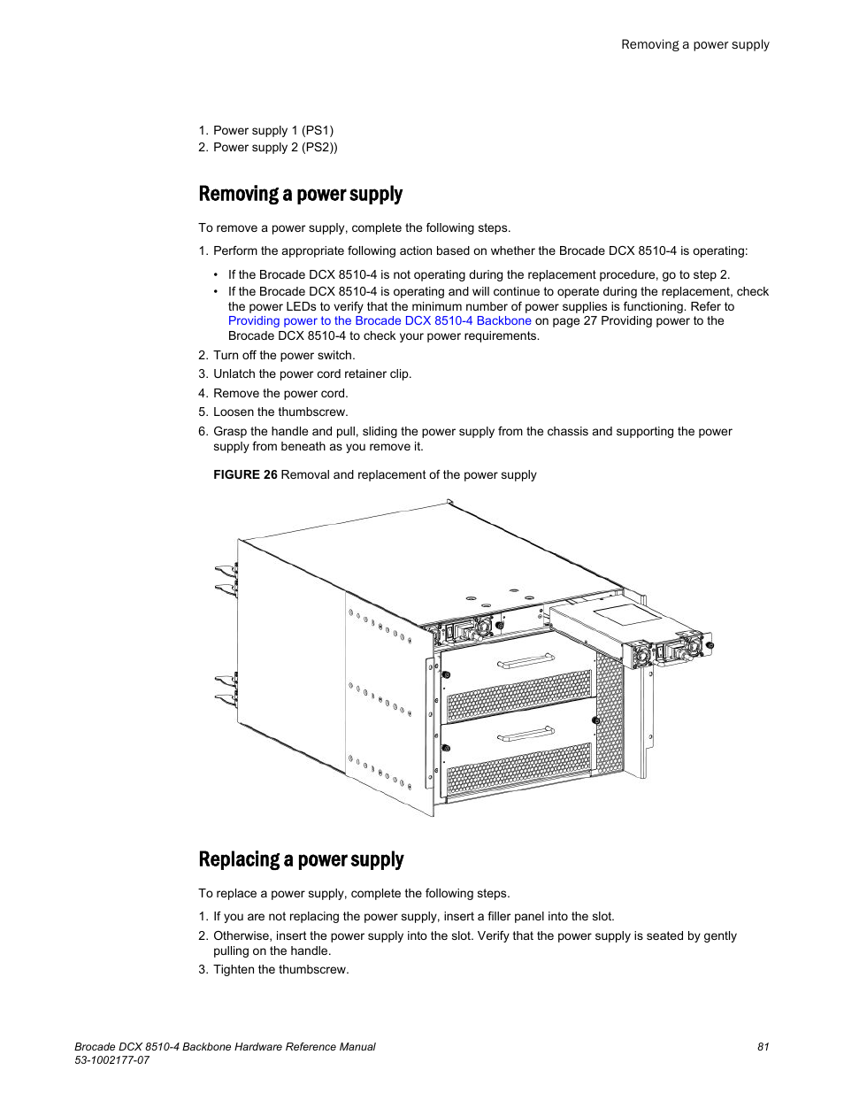 Removing a power supply, Replacing a power supply, Removing a power supply replacing a power supply | Brocade DCX 8510-4 Backbone Hardware Reference Manual User Manual | Page 81 / 156