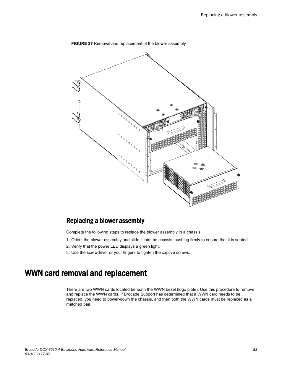 Replacing a blower assembly, Wwn card removal and replacement | Brocade DCX 8510-4 Backbone Hardware Reference Manual User Manual | Page 83 / 156