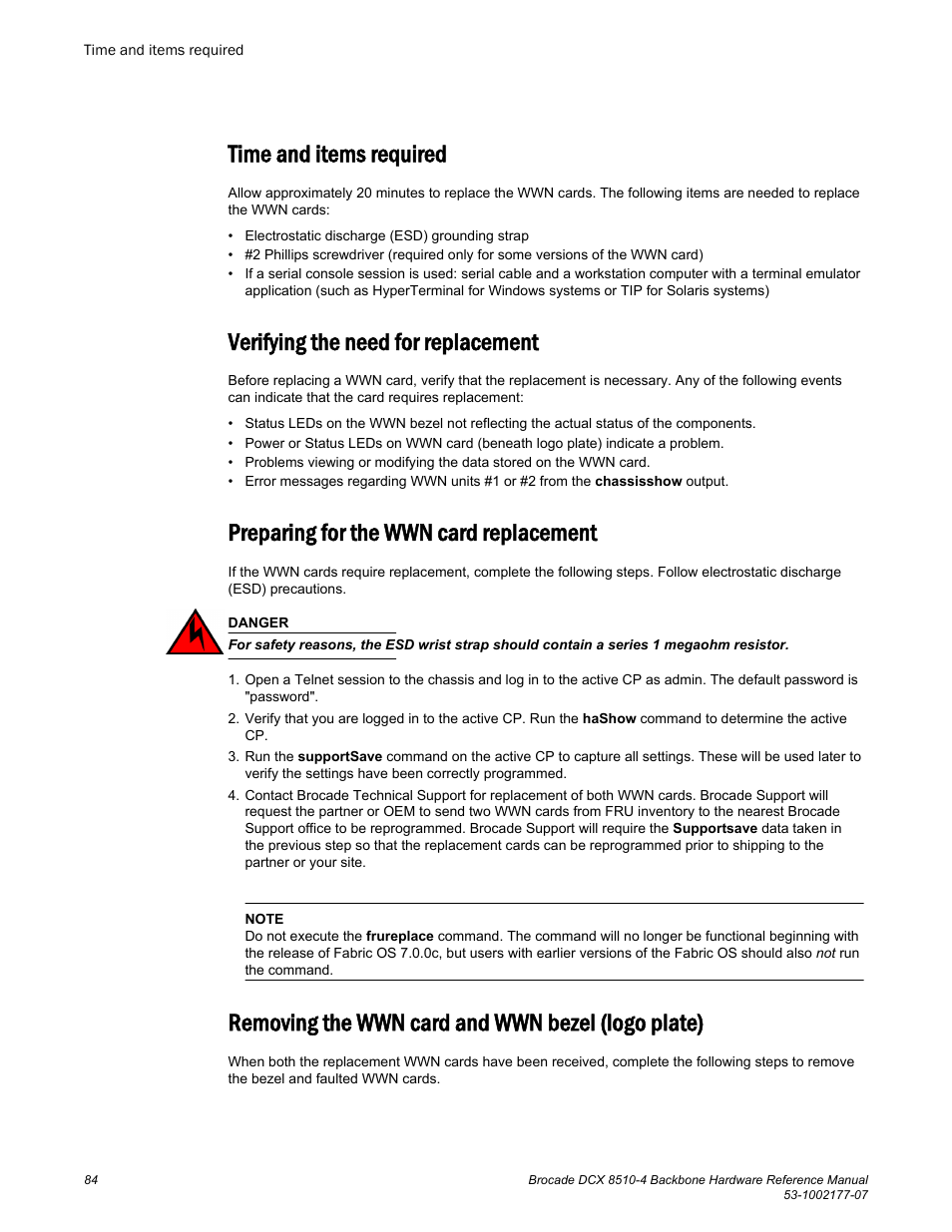 Time and items required, Verifying the need for replacement, Preparing for the wwn card replacement | Removing the wwn card and wwn bezel (logo plate) | Brocade DCX 8510-4 Backbone Hardware Reference Manual User Manual | Page 84 / 156