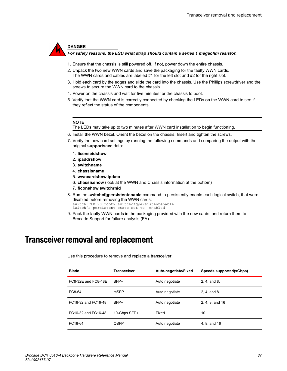 Transceiver removal and replacement | Brocade DCX 8510-4 Backbone Hardware Reference Manual User Manual | Page 87 / 156