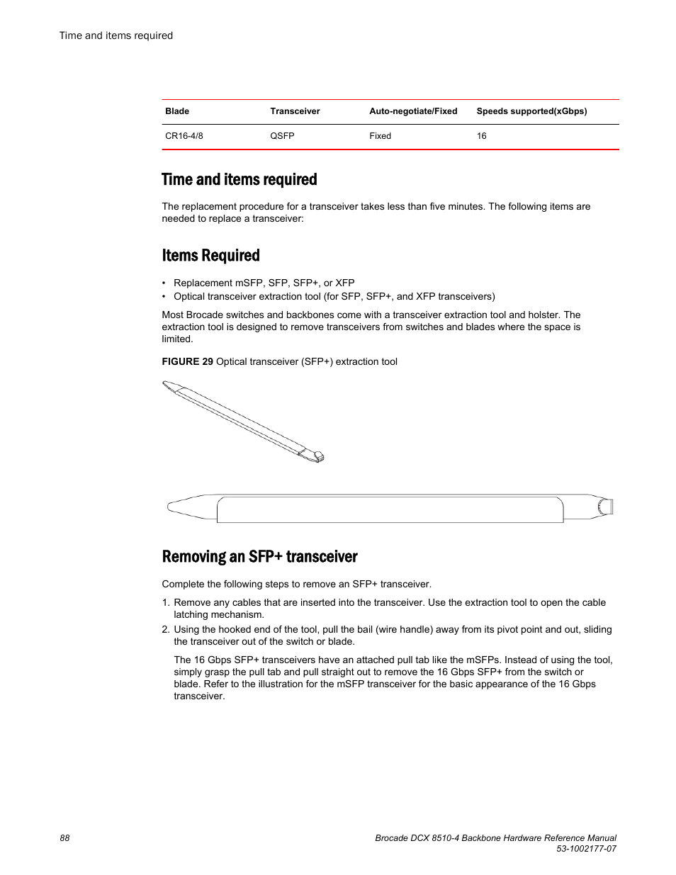 Time and items required, Items required, Removing an sfp+ transceiver | Brocade DCX 8510-4 Backbone Hardware Reference Manual User Manual | Page 88 / 156