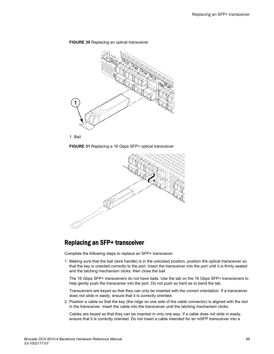 Replacing an sfp+ transceiver | Brocade DCX 8510-4 Backbone Hardware Reference Manual User Manual | Page 89 / 156